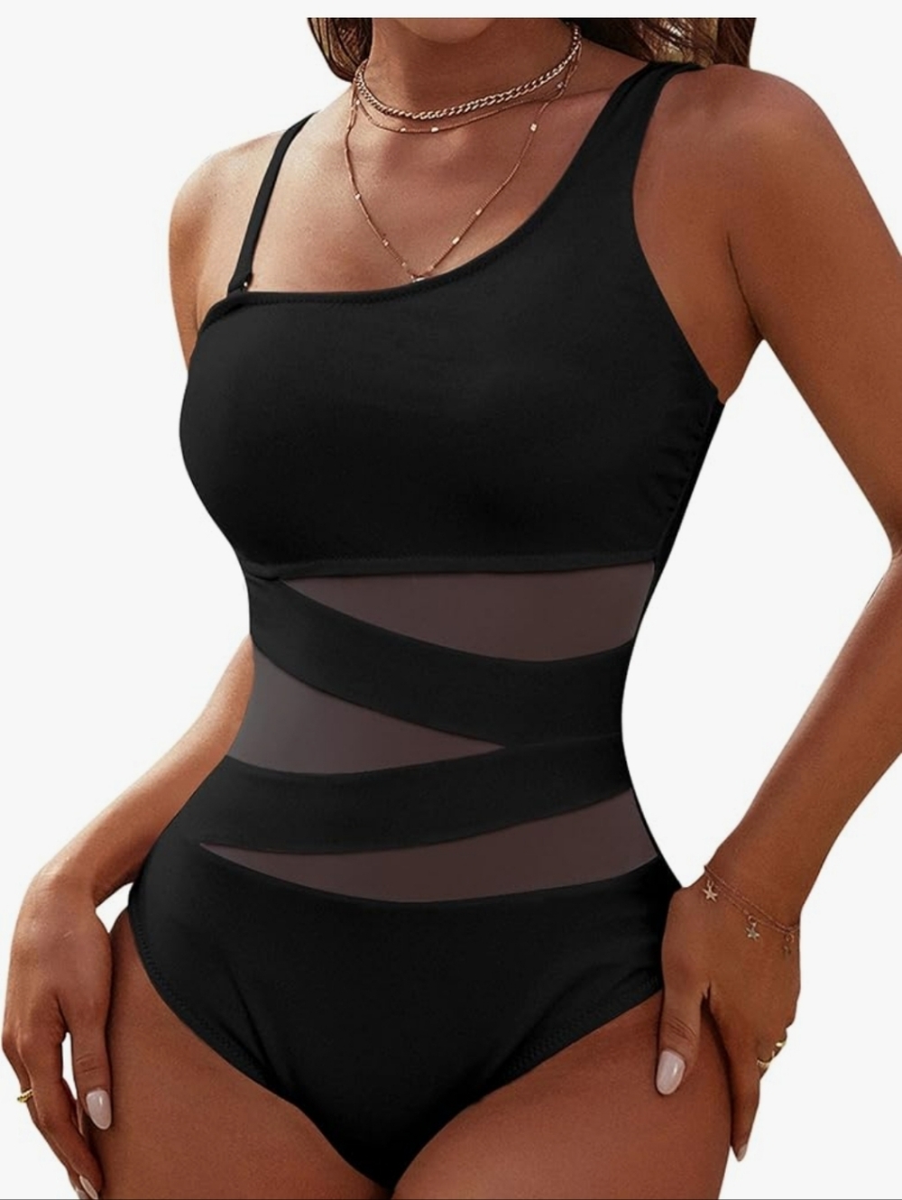 Black One-Shoulder Mesh Panel One-Piece Swimsuit Blooming Jelly Sz M NWT
